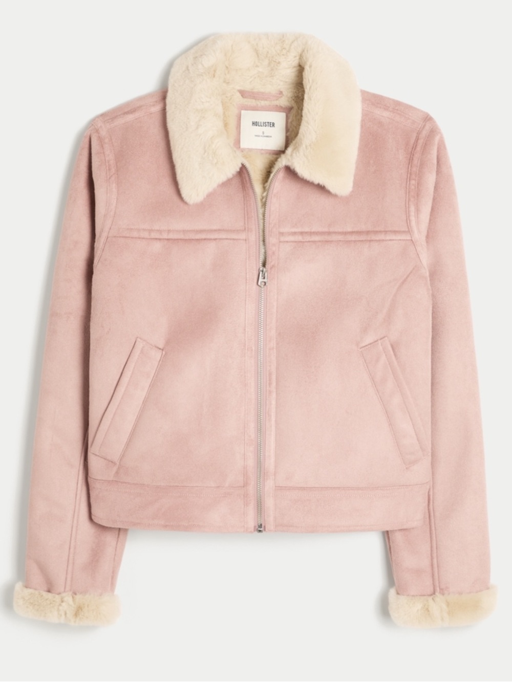 Hollister Blush Faux-Suede Jacket with Cream Faux Fur Collar - Size Small
